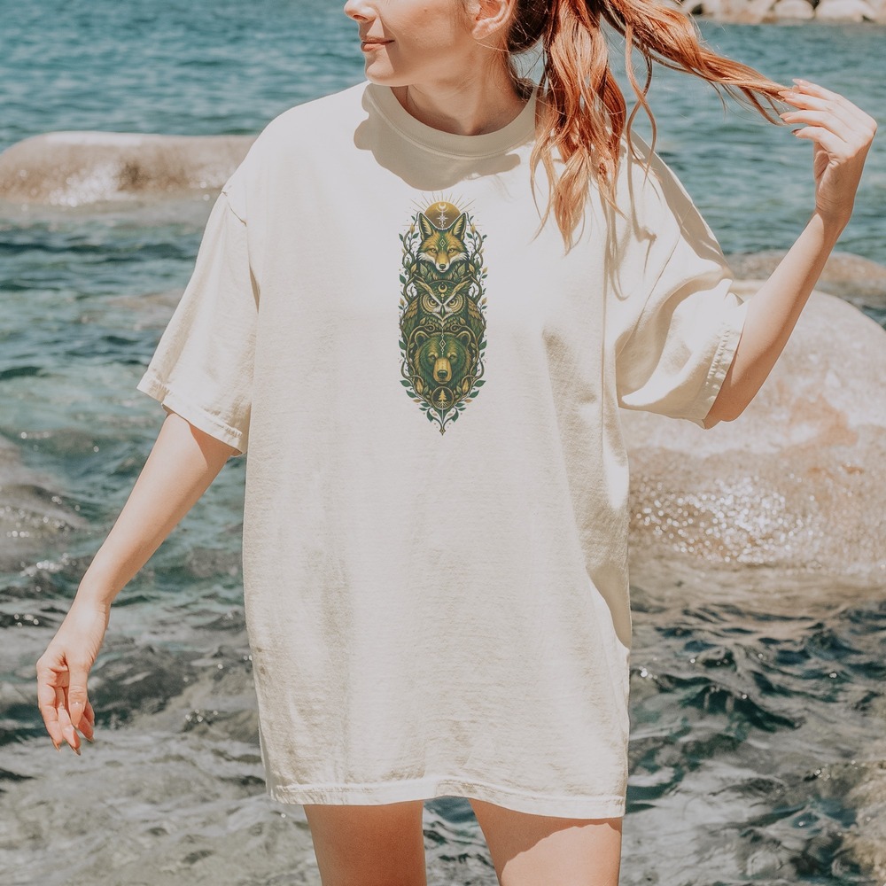 Fox Owl Bear Totem Rising Through Celestial Vines Tee